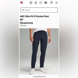 Lululemon Men’s ABD Slim-Fit 5 Pocket Pant 28” L & 38 Waist - Originally $130!